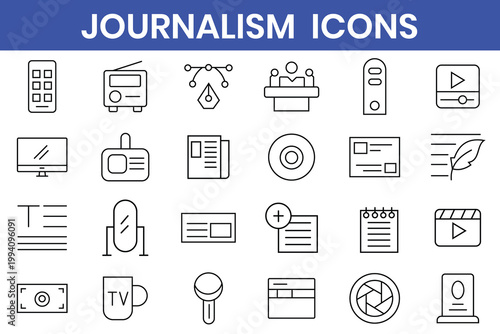 Journalism icon set. Containing journalist, news, reporter, podcast, press badge, microphone, interview,  newspaper and radio. Vector illustration.