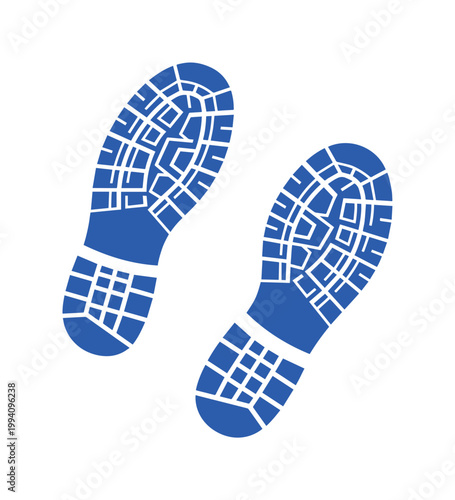 Blue footprint vector icon, pair of boot sole prints with tread pattern, walking shoe track silhouette for forensic or hiking design