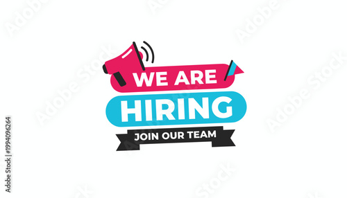 Minimalist pink and blue we are hiring badge featuring megaphone icon for creative business employee recruitment.