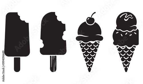 Minimalist ice cream icons set, black silhouette summer treats collection, vector popsicle and waffle cone illustrations for menu design