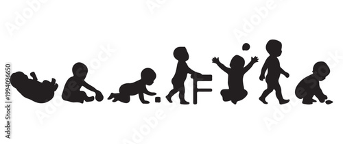 Baby development stages silhouette vector, infant growth milestones from newborn to walking, toddler life cycle evolution icons for parenting blogs