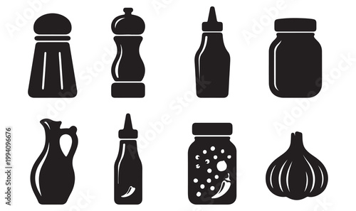 Minimalist kitchen condiment icons, black silhouette food seasoning set of 8 vectors, restaurant spice and sauce bottle symbols for menu design