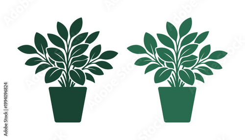 Minimalist potted plant vector silhouettes, dark green houseplant icons with lush foliage, botanical indoor plant illustrations for interior design