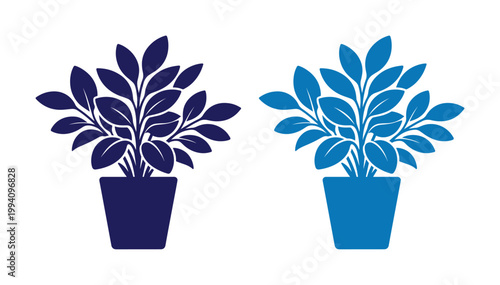 Minimalist potted plant vector icons, navy and light blue houseplant silhouettes, decorative indoor foliage in flower pots for interior design branding