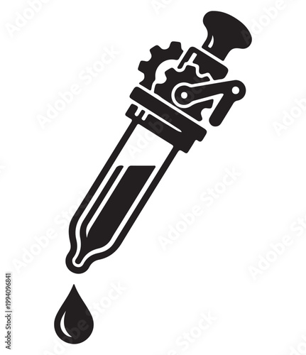 Steampunk pipette dropper vector icon, mechanical laboratory equipment with gears, industrial science tool for chemistry and research
