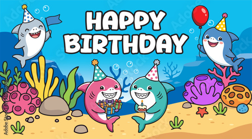 Cute Baby Shark Family Birthday Party Underwater Banner with Cake and Presents