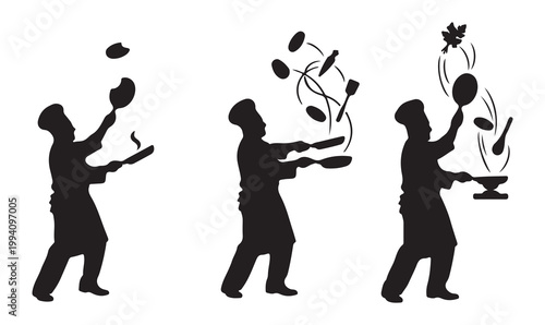 Chef silhouette vector set, professional cook juggling food and kitchen utensils, restaurant culinary expert icons on white background