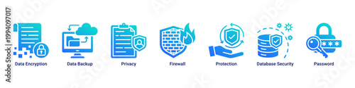 Data Protection web banner icon vector illustration with icons of Data Encryption,Data Backup,Privacy,Firewall,Protection,Database Security and Password