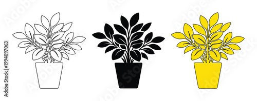 Minimalist potted plant vector set, black and yellow houseplant icons, simple botanical line art illustrations for interior design and web interface