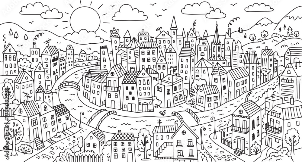 Fototapeta premium City landscape. Different buildings on street, outline cityscape hand sketch, flat houses. Hand drawn vector illustration