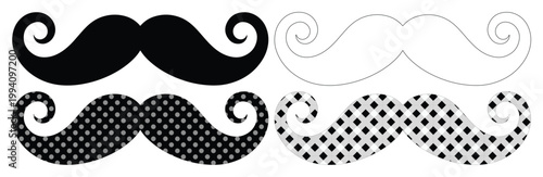 Vintage handlebar mustache vector set, 4 black and white facial hair icons, retro gentleman mustache silhouettes with polka dot patterns