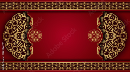 Red luxury background, ornamental mandala with gold border frame