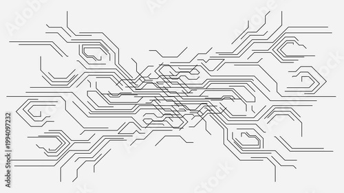 Abstract digital circuit board pattern, intricate network lines forming a symmetrical futuristic design, minimalist technology background