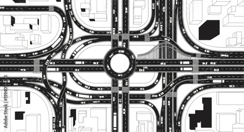 Aerial View of Complex Highway Interchange and Roundabout.