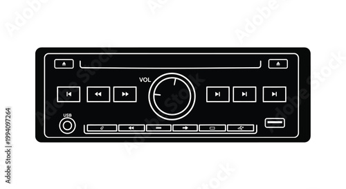 Black and white illustration of a car stereo radio with controls