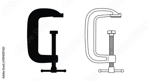 Two c clamps displayed one solid black and one outlined in white
