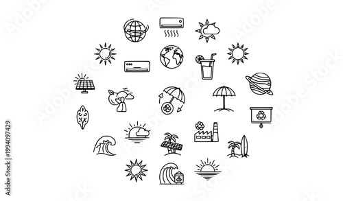 Modern Sun and Summer Outline Icons Radial Layout with Energy Climate and Tropical Symbols Vector
