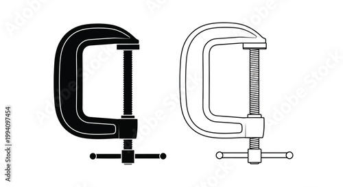Two c clamps one black and one white depicted in a simple line drawing style