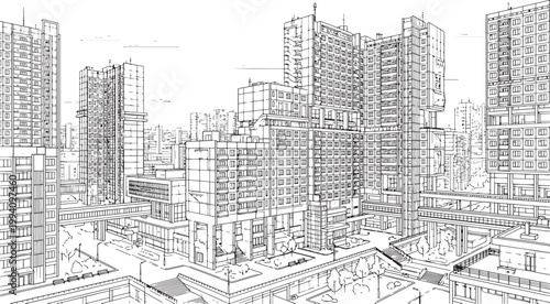 City landscape. Different buildings on street, outline cityscape hand sketch, flat houses. Hand drawn vector illustration