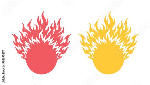 Stylized fire ball vector icons, red and yellow flaming sun graphic elements, circular bonfire blaze symbols for gaming and sports logos