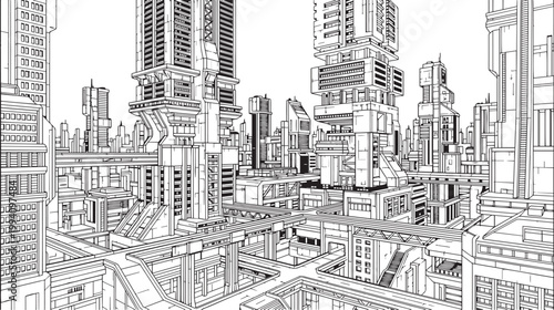 City landscape. Different buildings on street, outline cityscape hand sketch, flat houses. Hand drawn vector illustration