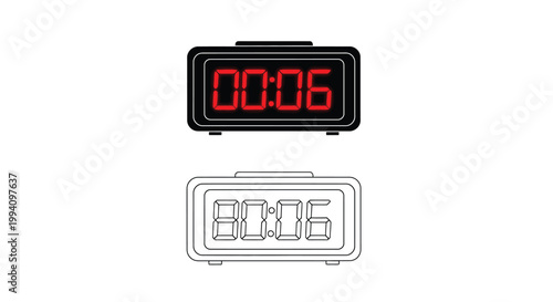 Digital and outline alarm clocks displaying the time 00 06