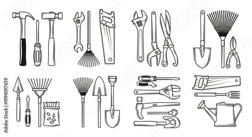 Collection of Hand Drawn Garden Tools and Hardware.