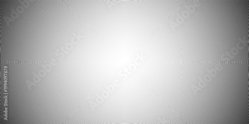 Black concentric circle texture. Radial geometric pattern background. Linear epicenter, radar, target concept. Round rippled halftone ring wallpaper for brochure, template, poster, overlay. Vector
