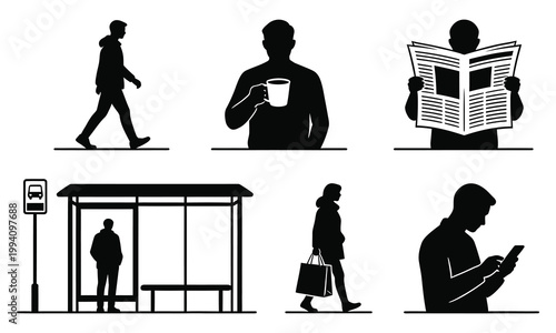 People commuting and waiting at a bus stop with various activities