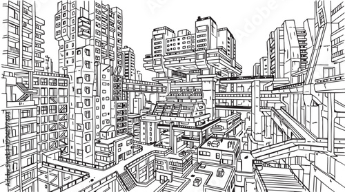 City landscape. Different buildings on street, outline cityscape hand sketch, flat houses. Hand drawn vector illustration