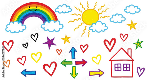 hand-drawn colorful doodles collection childrens art featuring a cheerful rainbow sun hearts and arrows on a white background.