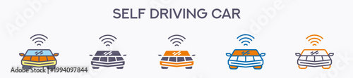 Self Driving Car Element For Design Graphic - Multi Styles. Vector Illustration Of Two Colored And Black. Multiple Icons Designs Can Be Used For Mobile, Ui, Web 