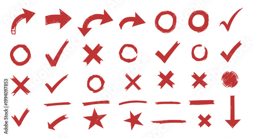 red hand-drawn marker graphic elements vector set featuring arrows checkmarks crosses and circles for ui design.
