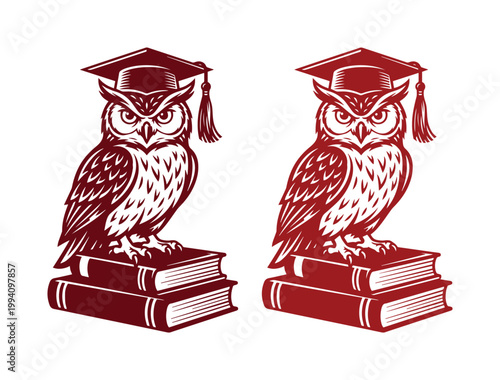 Vintage wise owl mascot wearing graduation cap, academic bird perched on stack of books, retro woodcut style educational vector illustration