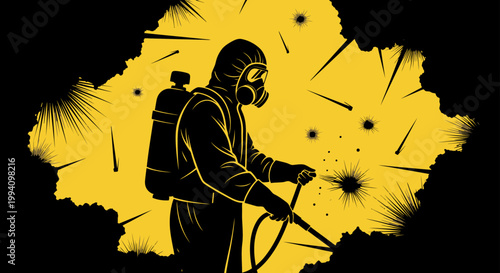 a person in a hazmat suit performs hazardous material disinfection spraying against biological threats in a crisis management scenario.