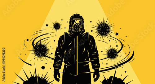 hazmat suit with a gas mask a person in protective gear surrounded by swirling viruses depicting a health crisis or pandemic.