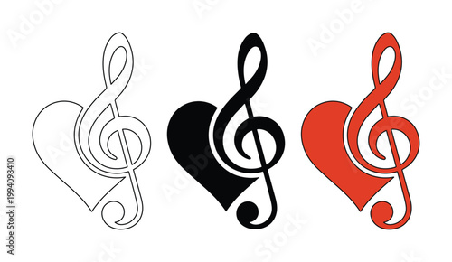 Musical treble clef heart icons, romantic music note symbols in black and red, minimalist g-clef heart vector set for wedding and valentine design