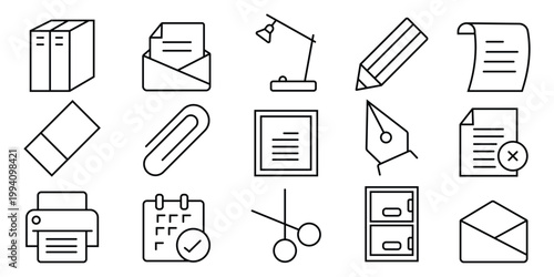 School stationary line icon set. Contain icons related to school supplies, pencil, ruler, write,  note, edit, writer, document, nib, text, pen, notebook, and more.  