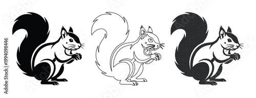 Minimalist squirrel vector icons set, black and white forest animal silhouettes, stylized chipmunk line art illustrations for nature branding