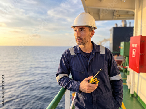 Obraz na plátně Professional marine officer on a ship's deck, holding a walkie-talkie and looking contemplatively at the open sea