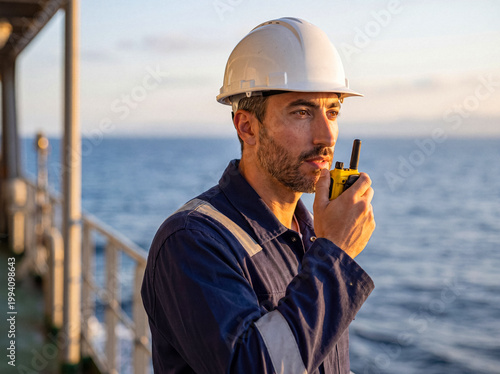 Fotografía Focused marine engineer in a hard hat and blue uniform communicating with a walkie-talkie on an offshore vessel