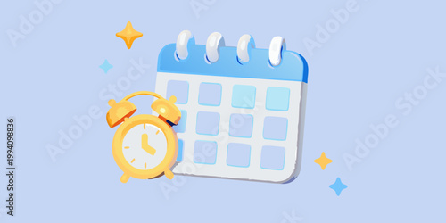 A vibrant 3d illustration featuring a calendar and alarm clock