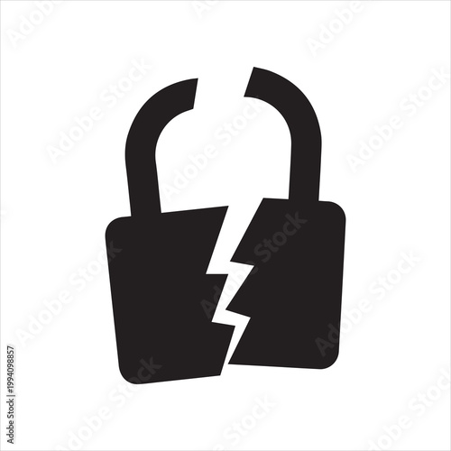 Black Broken or cracked lock icon isolated. Unlock sign. Vector Illustration on white background or silhouette vector 