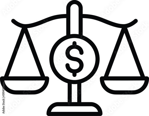 Simple outline vector illustration of a balance scale with a dollar sign symbolizing financial equilibrium and justice
