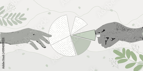 Hands interacting with a pie chart representing division and collaboration