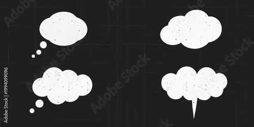 Four white thought bubbles with tails on a dark background