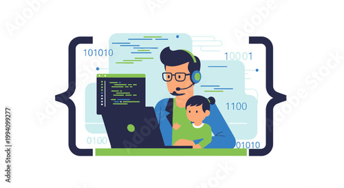 Man and Child Working on Computer Together.