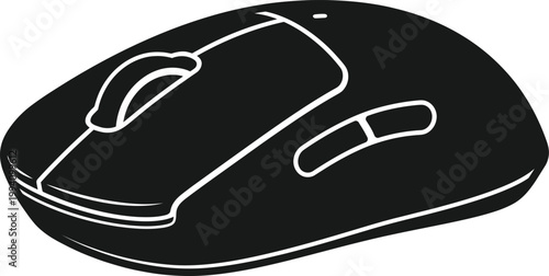 A sleek black wireless computer mouse vector illustration featuring an ergonomic design for gaming and high performance office work tasks