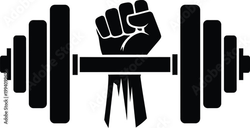 Black silhouette of a clenched fist holding a dumbbell  strong grip  fitness symbol