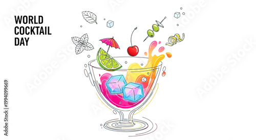 Colorful cocktail with umbrella and fruit.